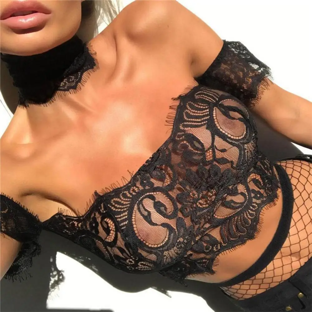 

2Pcs/Set Women Sexy Lace Transparent Hollow See-through Crop Top Shirt Off With Short Sleeve Bodycon Choker Collar Shoulder W0B5