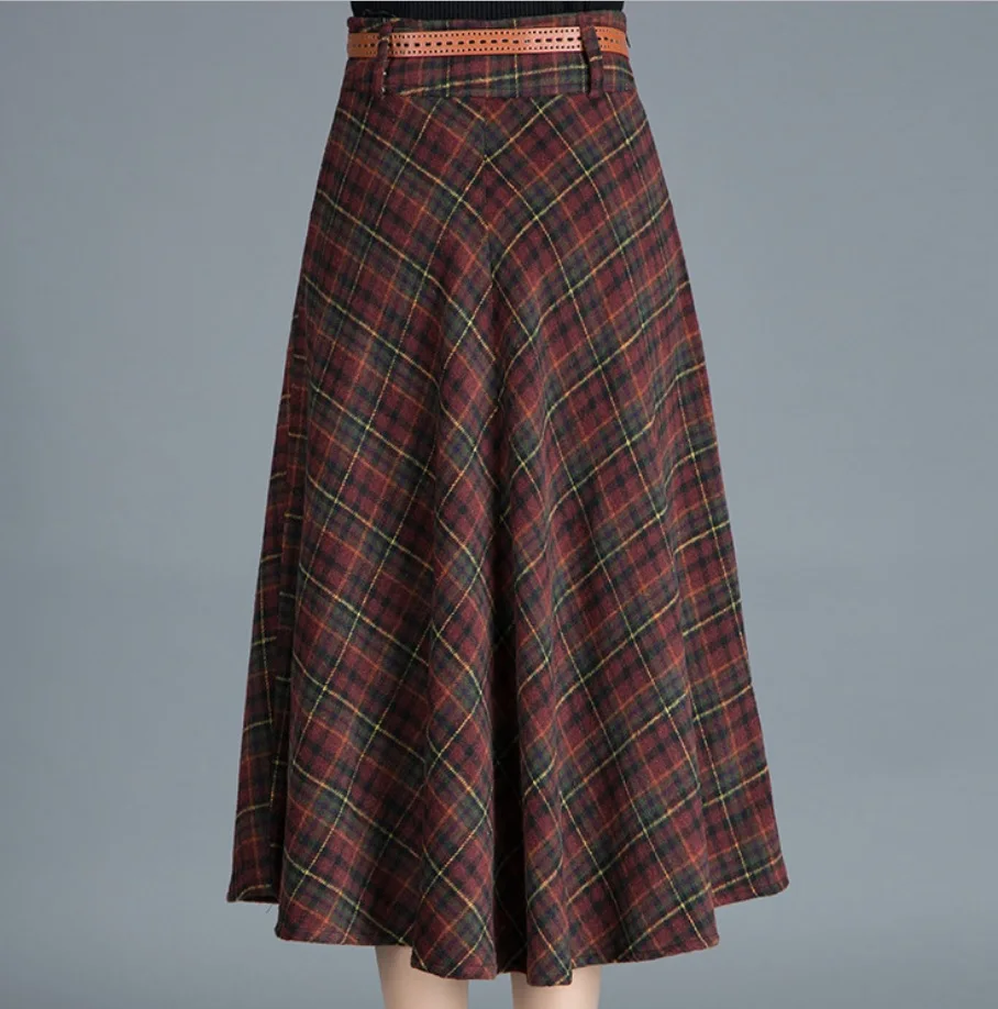 Red Plaid Осень Зима плед Высокая Талия Длинные трапециевидные юбки женские шерстяные размера плюс толстые теплые винтажные skater Юбки Женская Новая мода - Color: Red Plaid