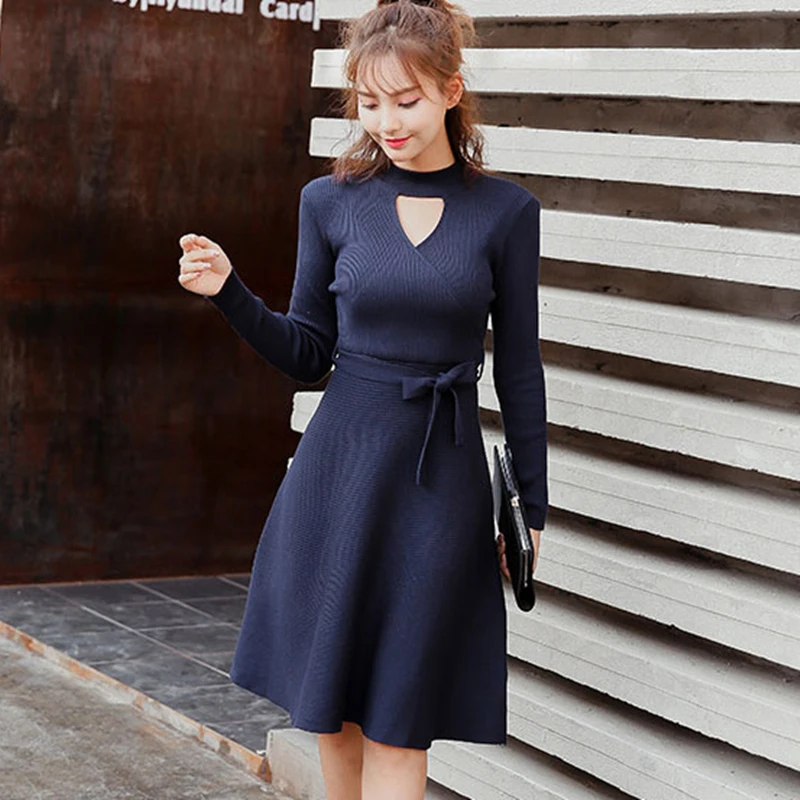 Корейское модное платье-свитер женские вязаные свитера платья с высокой талией