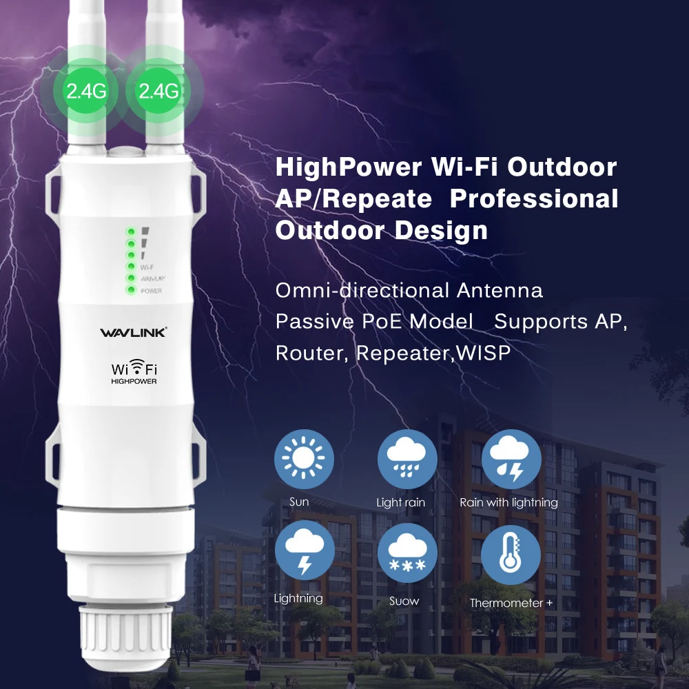 Wavlink N300 высокое Мощность Открытый Всепогодный 30dBm Беспроводной Wi-Fi маршрутизатор/AP Repeater 2.4 г 1000 МВт 15kv внешний съемный телевизионные антенны