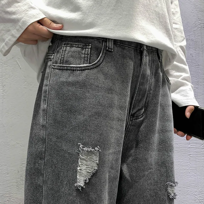 

Men Jeans Denim Solid Hole Straight Loose Plus Size 3XL Students Streetwear Daily All-match Korean Fashion Style Trendy Casual