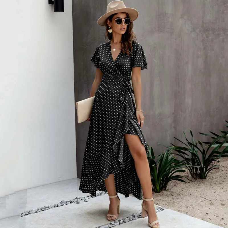 Женское платье макси в горошек с V-образным вырезом | Женская одежда