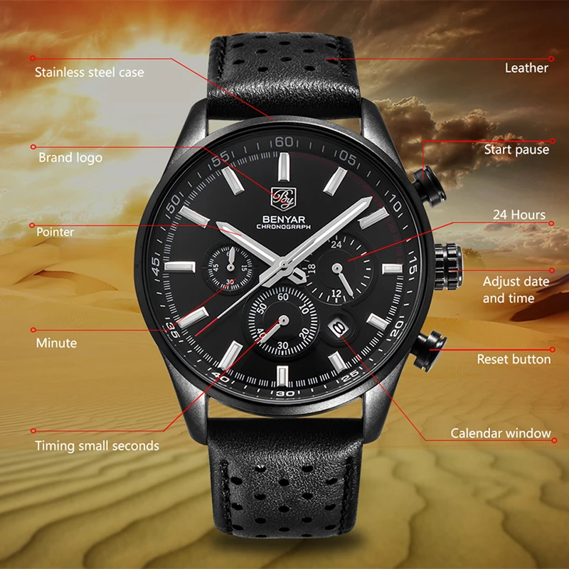 

Men's watches fashion top brand luxury Wristwatch BENYAR men waterproof leather chronograph men sport clock Relogio Masculino