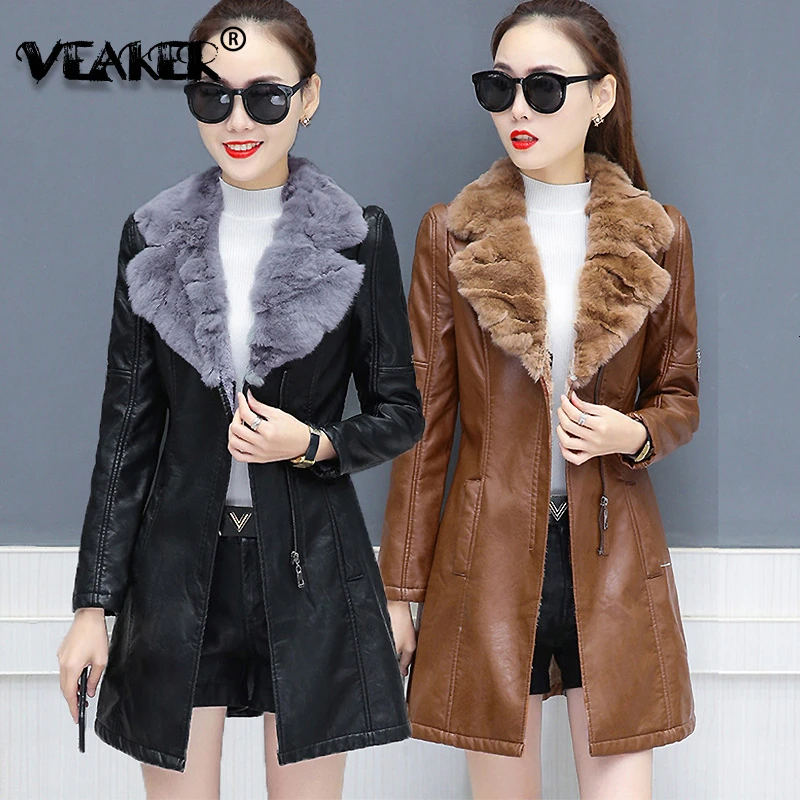 2021 New atutumn Women's Leather Jacket Warm Big Fur Collar Long Leather Coat Balck Outerwear Slim Fit Overcoat Plus Size S-5XL