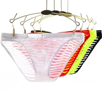mens sexy see through ice silk briefs mesh sheer pouch stretchy seamless panties transparent stripes thin thongs underwear