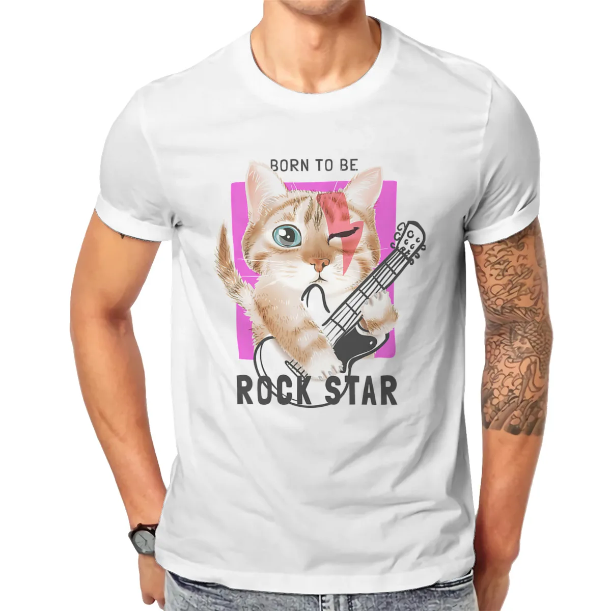 

Born to be Rock Star Cat design T shirt Men T shirt summer T-shirt