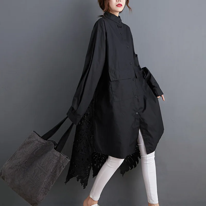 

IEQJ Women big Size Design Sense Fashion Dovetail Hollow Crocheted Pure Cotton Solid Color Mid-length Shirt Trend 2021 3F0476