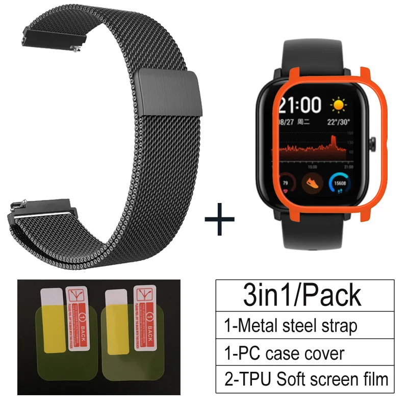 black-orange 3 в 1 Аксессуары для Amazfit GTS ремешок с чехол металлический Миланский Браслет для Huami Amazfit GTS Band Защитная пленка для экрана - Цвет: black-orange