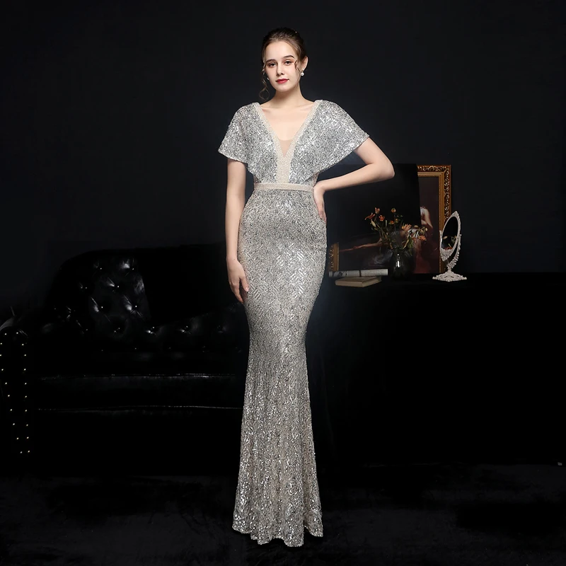 

Spring Long Evening Gowns for Women Mermaid Sequined Elegant Temperament Short Sleeves Banquet Dress Birthday Party Dress A001