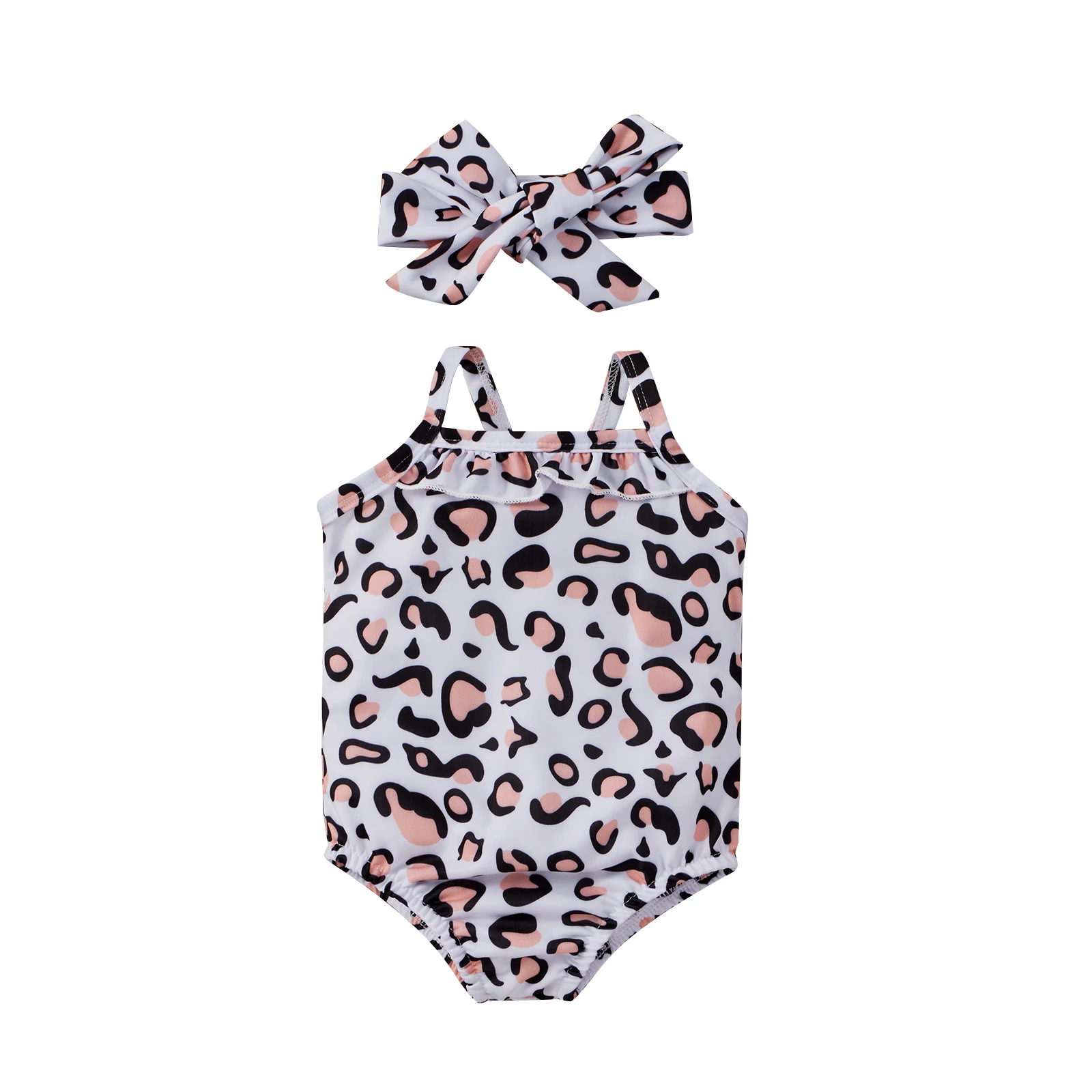 

Baby Girl Swimsuit Suit Leopard Print Falbala Slim Elastic Sling One-piece Swimwear With Bow Headband