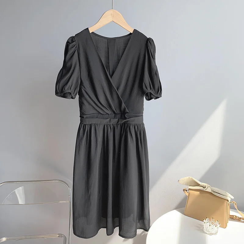 

Cotton Long Party Long Black Beach Casual Dress Women 2021 Summer V-neck Bubble Sleeve High Waist Women's Short Sleeve Dress