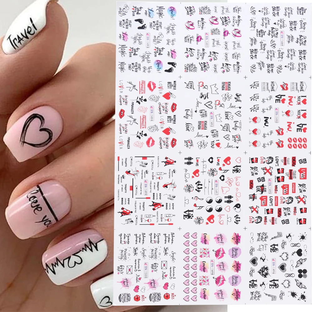 

12pcs Valentines Manicure Love Letter Flower Sliders for Nails Inscriptions Nail Art Decoration Water Sticker Tips GLBN1489-1500