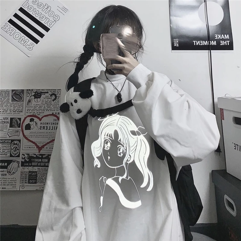 

Girls Loose Reflective Sweater Women Cartoon Female Sweatshirts Girl Anime Pullovers Sweet Half Turtleneck Streetwear Clothes