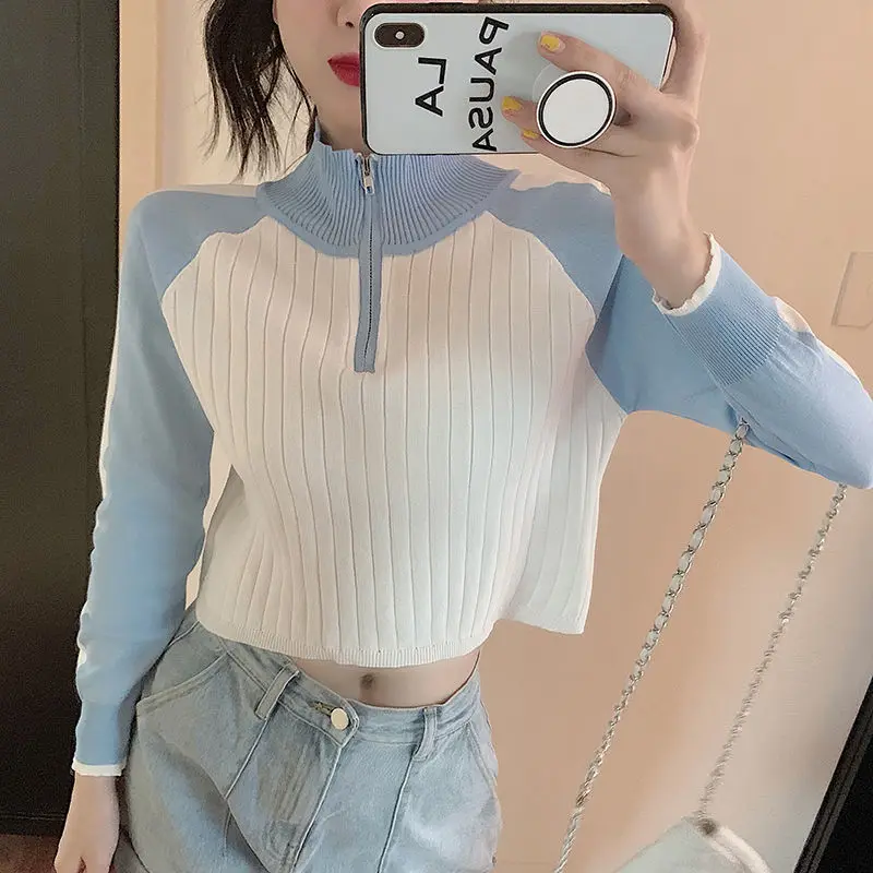 

Autumn 2020 New Design Stand Collar Zipper Knitting Short T Shirt Causal Pullovers For Women