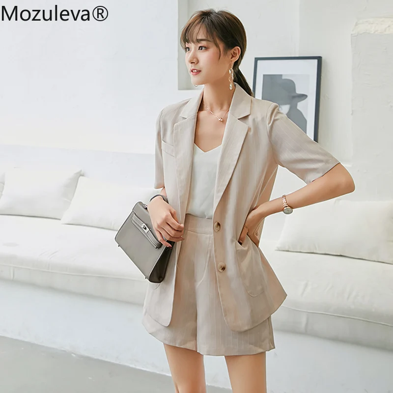 Женский брючный костюм Mozuleva из хлопка и льна в полоску однобортный пиджак с