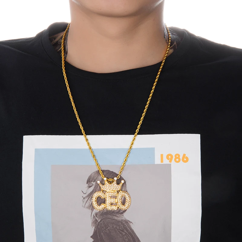 US7 Crown CEO Letters Necklace &amp Pendant Paved Rhinestoned Bling Iced Out Pendants With Chain For Men Hip Hop Jewelry | Украшения и