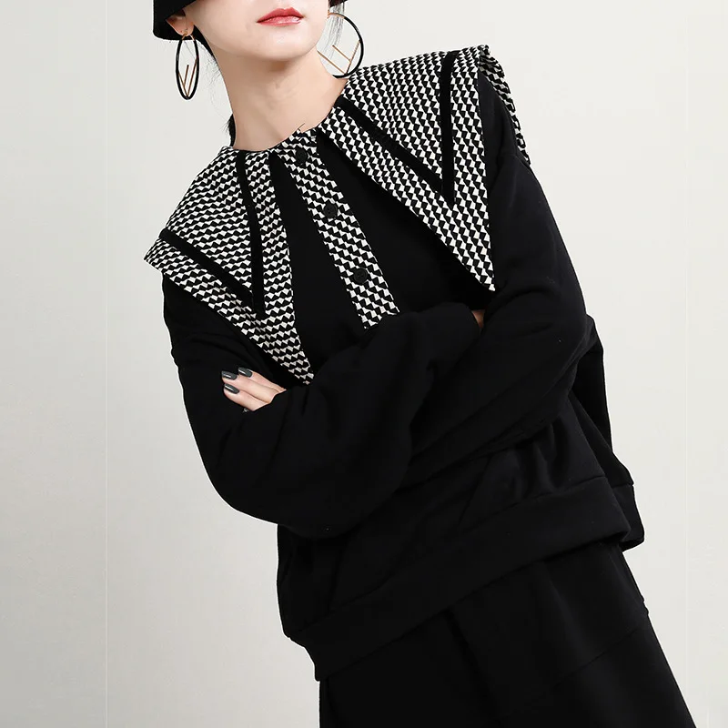 

2021 Autumn and Winter Femme Hoodies New Plaid Doll Collar Pullover Loose Sweatshirt Women's Design Bluzki Long Sleeve Clothes
