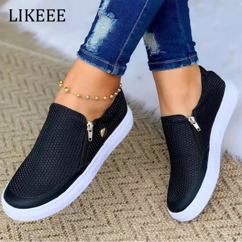 

Women Casual Shoes Sneaker Flat Shoes Sport Sneakers Woman Slip-on Zippers Women's Loafers White Solid Color