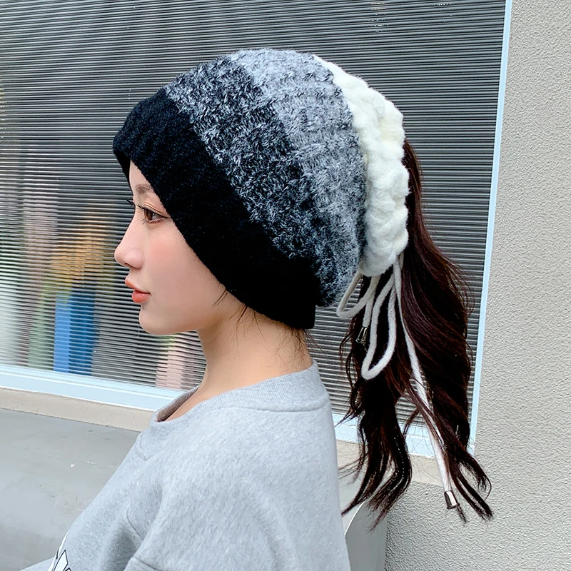 

Fashion Women Stretchy Knitted Skullies Beanies Hat Gradient Snood Scarf Warm Beanie For Womem Autumn Winter Female Beanie Cap