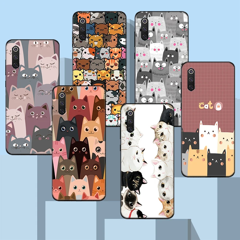 

Cartoon Cute Cats Background Black Phone Case For Xiaomi Redmi Note 10 Pro 10S 9S 8T 7 8 9 9A 9C 9T 8A 7A 6A 5 6 Cover Capa