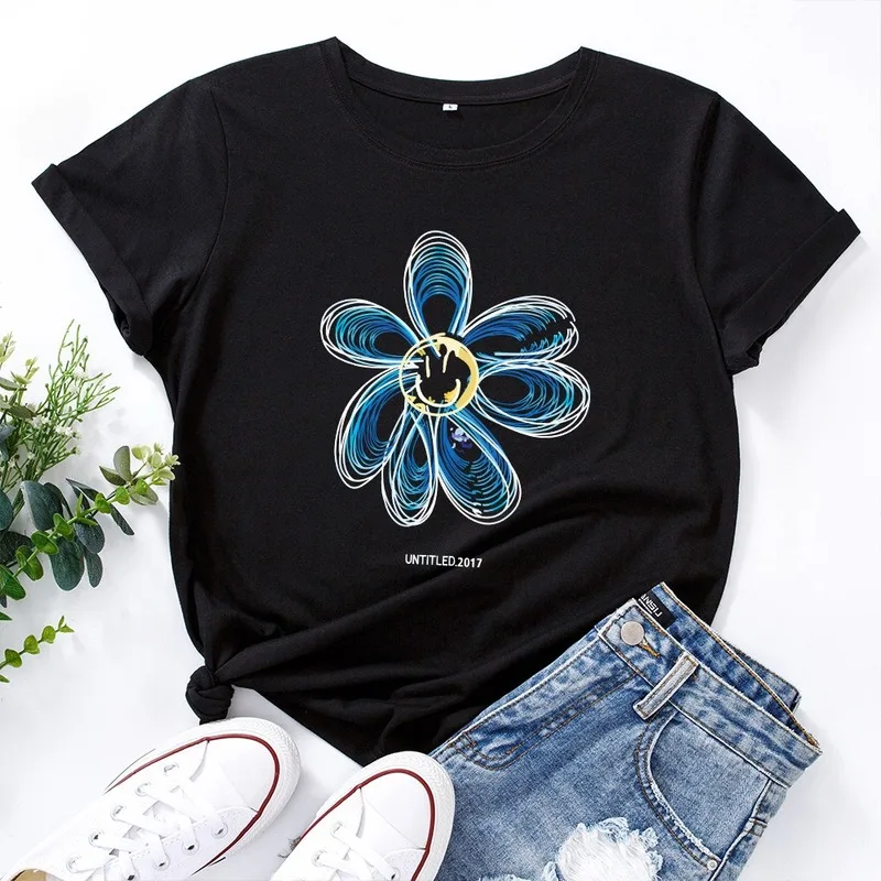 

Summer Cotton Women T Shirt Cute Flower Print Short Sleeve Graphic Tees Tops Casual O-Neck Oversized T-Shirt