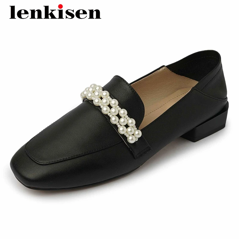 

Lenkisen large size spring season new leisure full grain leather beading pearl square toe thick low heel slip on women pumps L93
