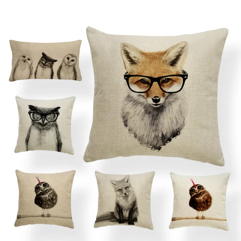 Наволочка с изображением совы лисы ручная роспись наволочка животными винтажный
