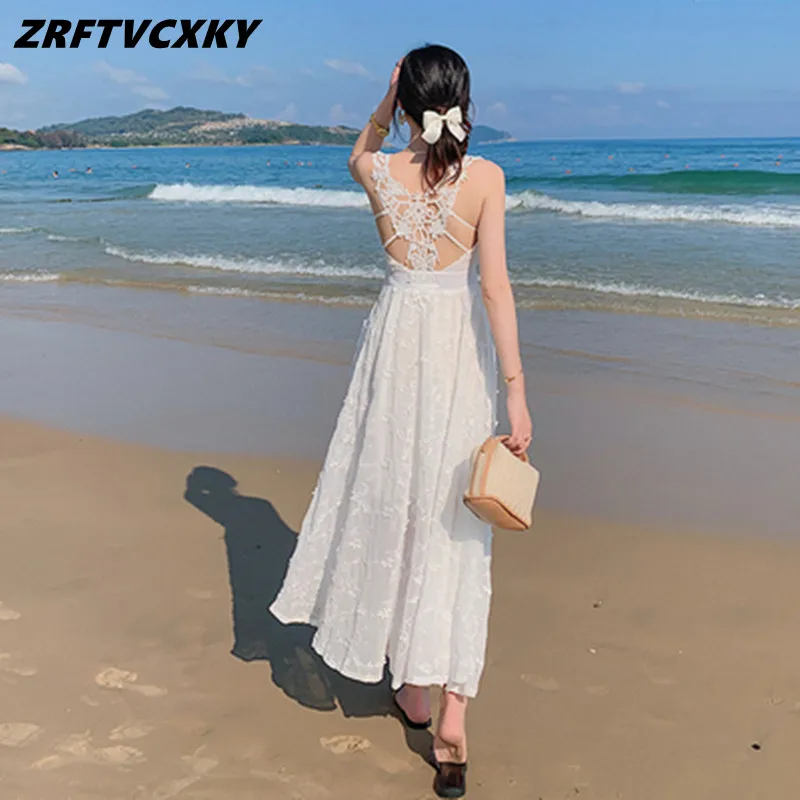 

ZRFTVCXKY новые красивые летние пляжные платья для отпуска для женщин сексуальное платье без рукавов с открытой спиной женское вечернее белое п...