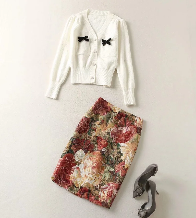 High Quality Sweater Sets 2022 Spring Fashion 2 Piece Set Ladies V-Neck Bow Deco White Cardigans+Vintage Print Midi Skirt Sets