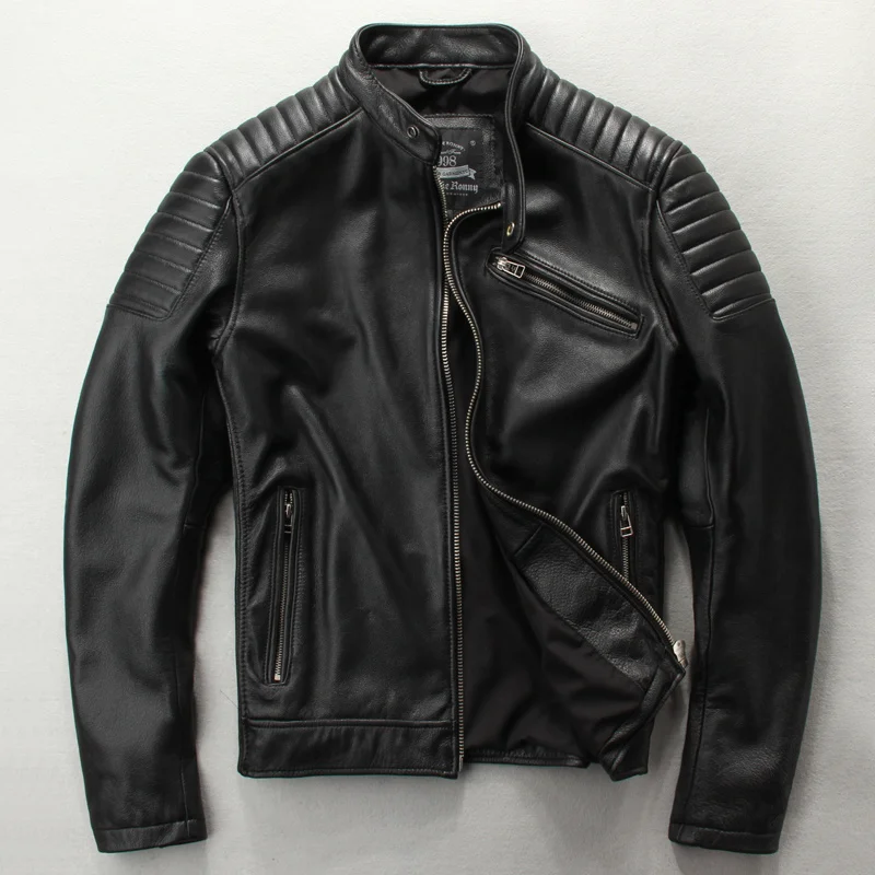 

Motorcycle BOMikeRonny Jackets 100% Natural Calf Skin Men Leather Jacket Thick Moto Jacket Winter Sleeve 62-68cm Biker Coat