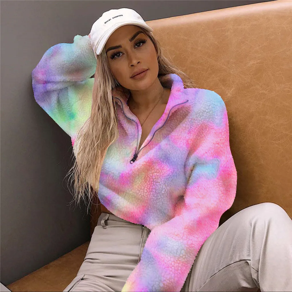 Женская Радужная Толстовка Tie Dye Teddy уличная одежда с длинным рукавом из искусственного меха флисовые Топы плюшевый пуловер больших размеров Sudadera Mujer