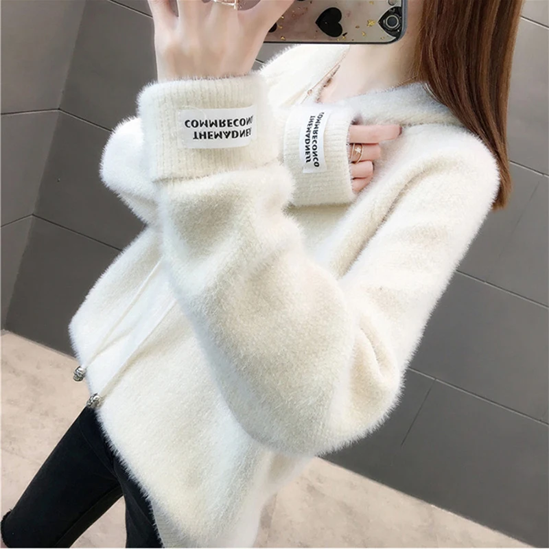 

Knitted Hoodies Women 2021 Autumn Winter Korean Kpop Long Sleeve Hooded Sweatshirt Female Pullover Blue Knitwear