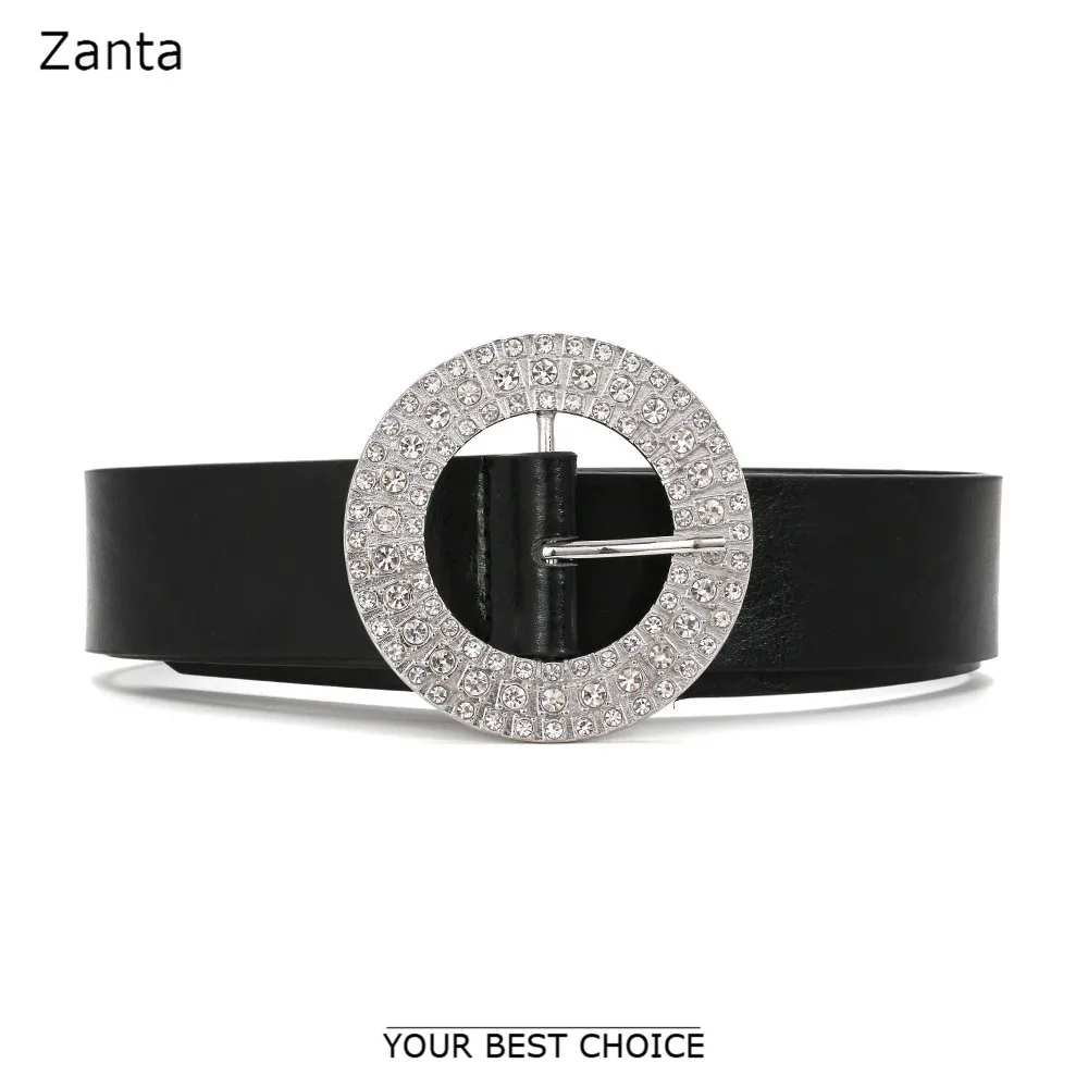 

Newest Za Round Crystal Buckle Belt For Women 2021 Fashion Jewelry Casual Black PU Leather Wide Belt Glass Waistband Jewelry