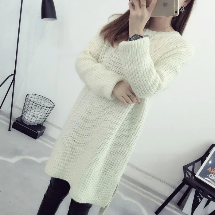 Шикарное зимнее повседневное плотное платье средней длины с разрезом и длинным