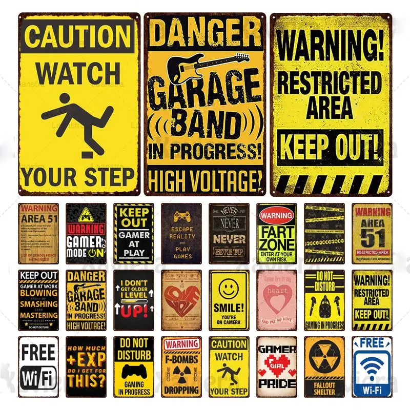 

Danger Notice Caution Sign Metal Plaque Public Zone Bar Pub Wall Art Iron Sheet Warning Area Free WiFi Metal Tin Sign Home Decor