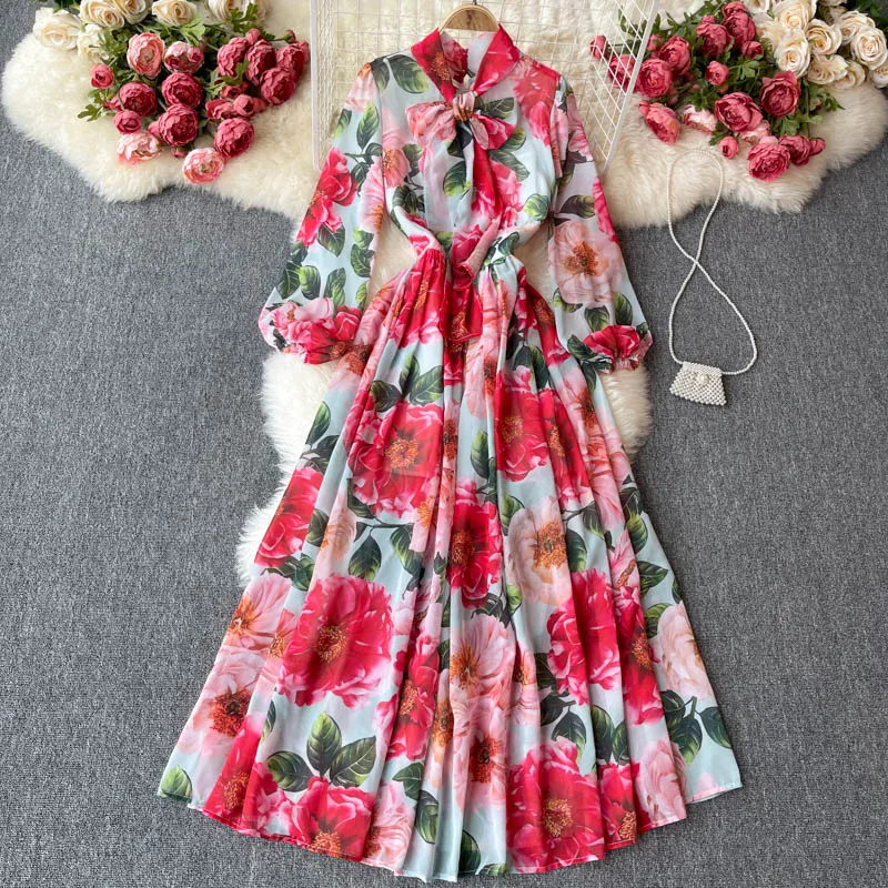 

Elegant Women's Chiffon Floral Mixi Dress Summer Ladies Long Sleeve Bowknot Vintage Dress Plus Size Robe Female Vestidos
