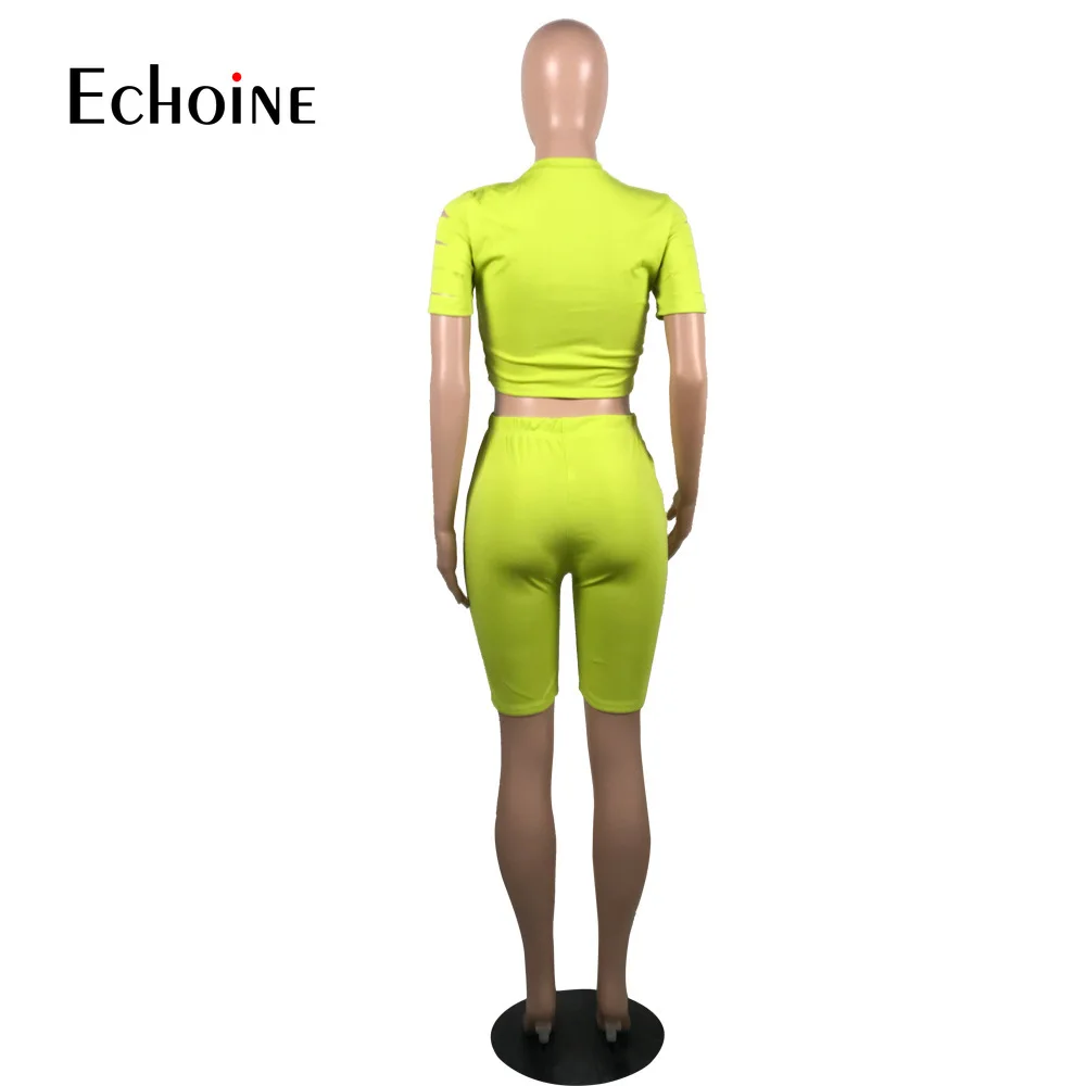 

Echoine Women Letter Print Hole Out Short Sleeve Tops Strechy Shorts Two Piece Sets Active Tracksuit Sweatsuit Summer Outfits