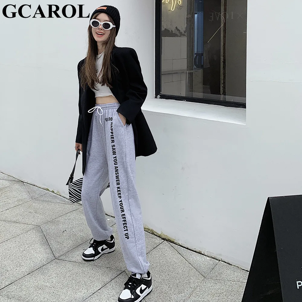 

GCAROL New Women Letter Jazz Dance Sweatpants Drawstring High Waist Wide Leg Ankle Banded Pants Spring Autumn Trousers XL