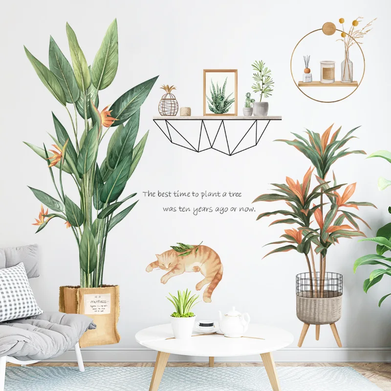 

Nordic Plants Leaves Cat Wall Stickers Home Decoration Accessorie Living Room Bedroom Corner Self-adhesive Vinyl Decal Wallpaper