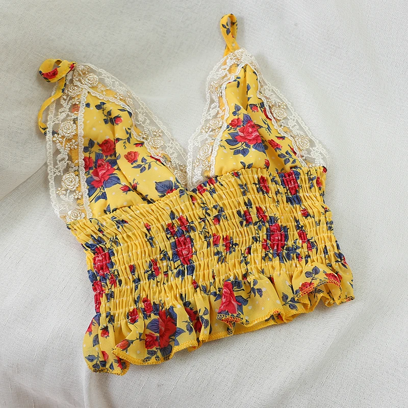 yellow tops Базовая футболка с цветочным принтом, женская тонкая майка с открытыми плечами, топы, футболки, пляжная одежда, женские майки без рукавов, кружевные вязаные топы - Цвет: yellow tops