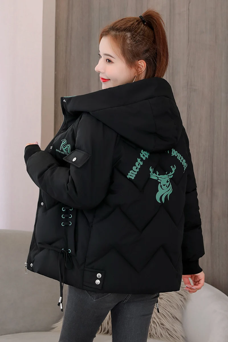 2021 New Winter Cotton Padded Bandage Letter Print Hooded Parka Women Short Jacket Korean Fashion Thickened Winter Warm Coat