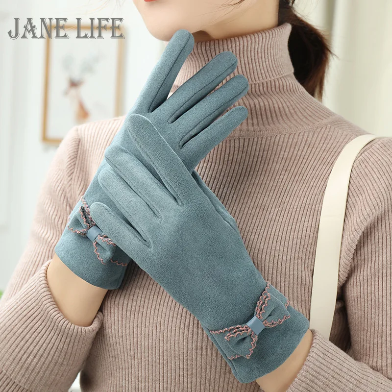 

New Fashion Lady Gloves Women Winter Vintage Cycling Thick Warm Windproof Bow-Knot Full Finger Touch Screen Glove Mittens G054