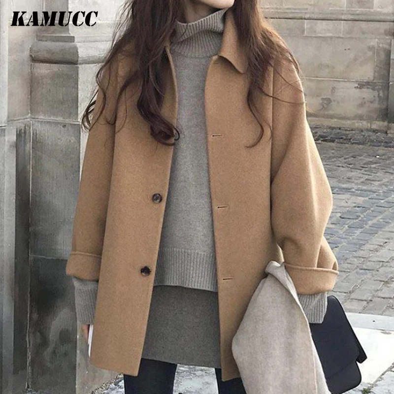 KAMUCC осеннее Женское шерстяное пальто с длинным рукавом однобортное модное
