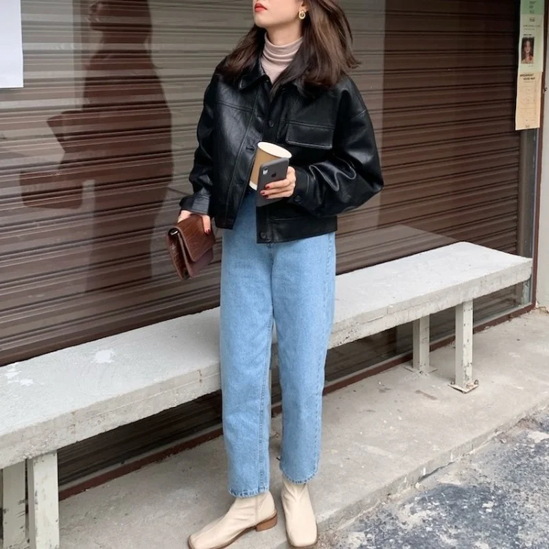 

ZAWAHIKI Korean Fashion Women's PU Jacket Turn Down Collar Long Sleeve Single Breasted Loose Coat Solid Short Jackets