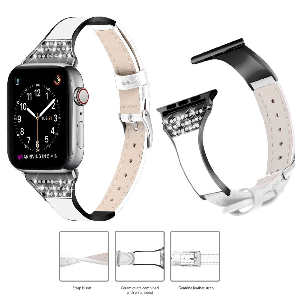 Ремешок из натуральной кожи керамика Алмазный ремешок для часов Apple Watch 5 4 3 2 1 44 мм