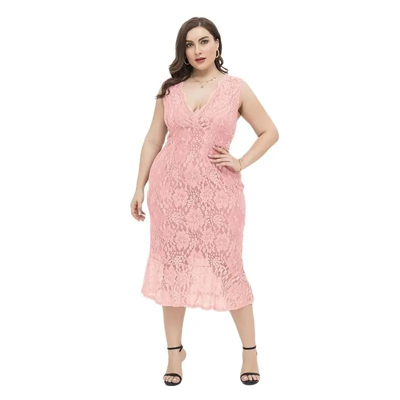 Women Pink Floral Lace Dress Sexy Deep V-neck Sleeveless Midi Summer Dress Part Cocktail Bride Dresses