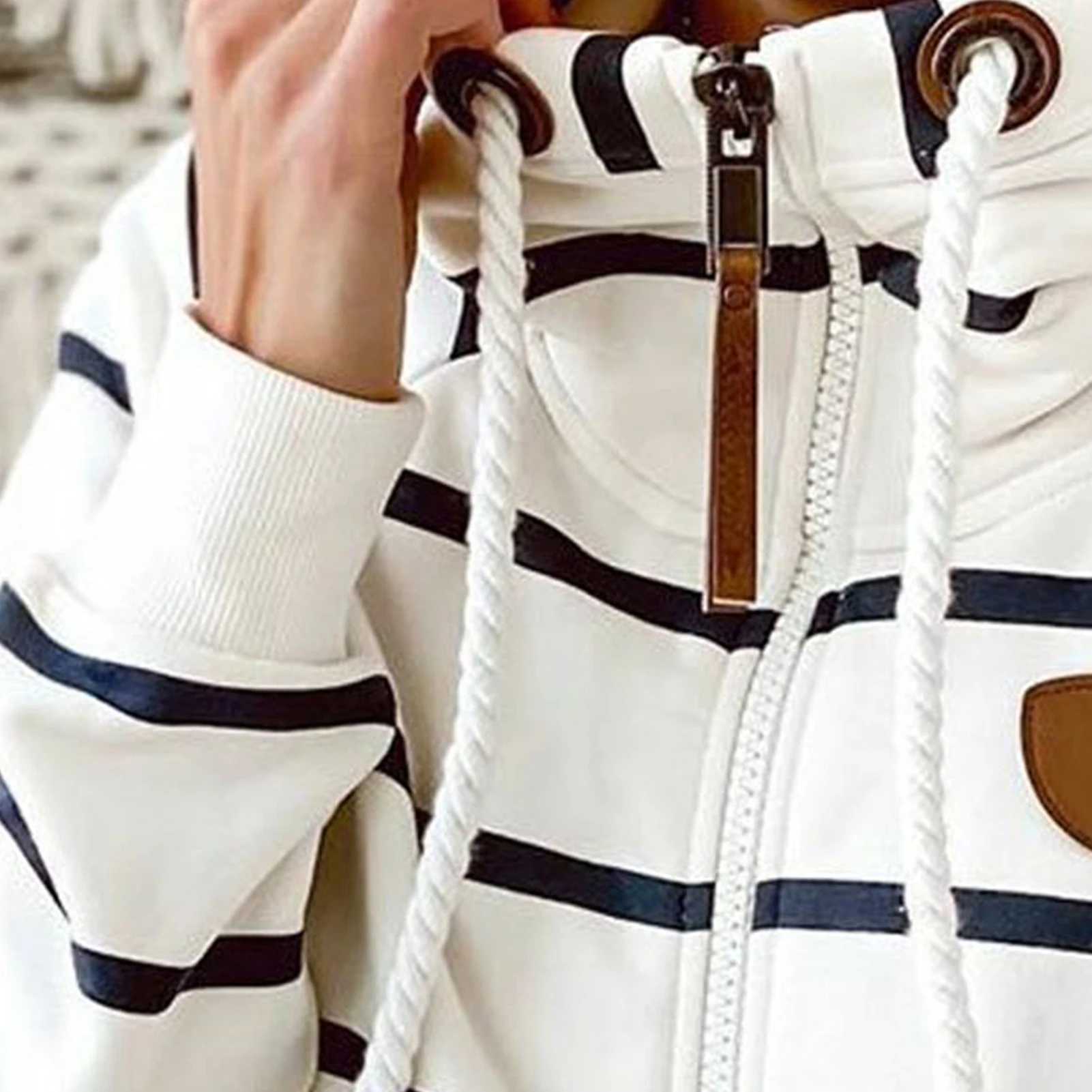 

Women Drawstring Long Sleeve Stripes Hoodie Autumn Winter Pocket Sweatshirt Coat
