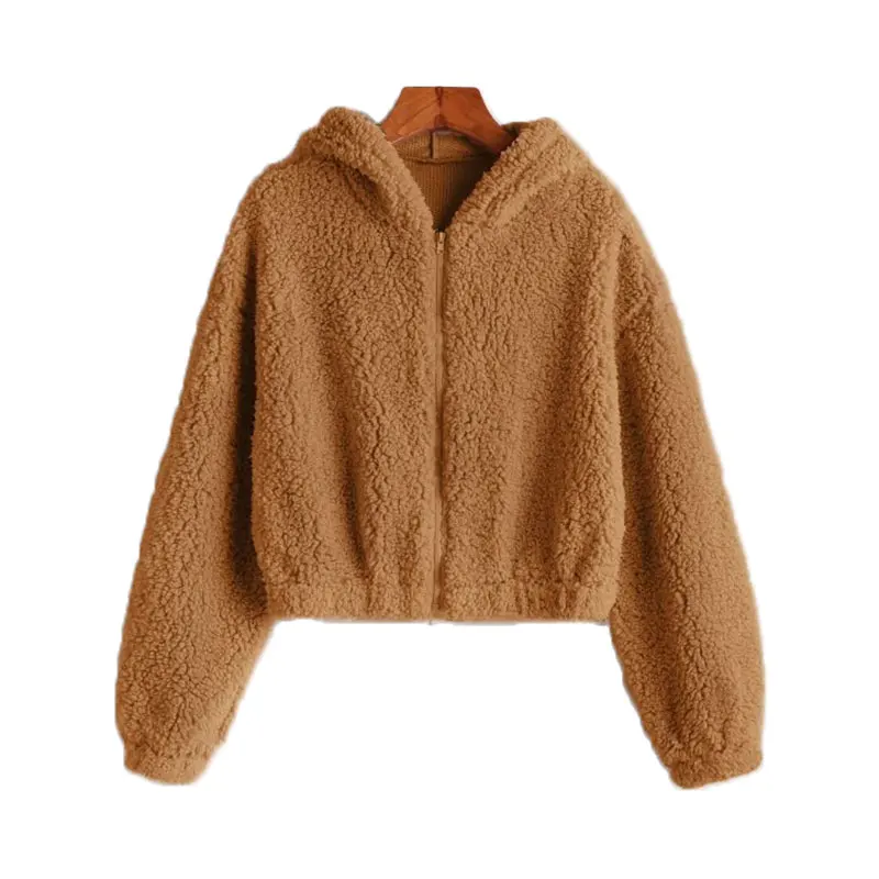 

Fleece Zip Up Teddy Bear Fur Coat Fleece Jacket Hoodies Crop Fashion Women Crop Fluffy Hooded women winter warm Jacket