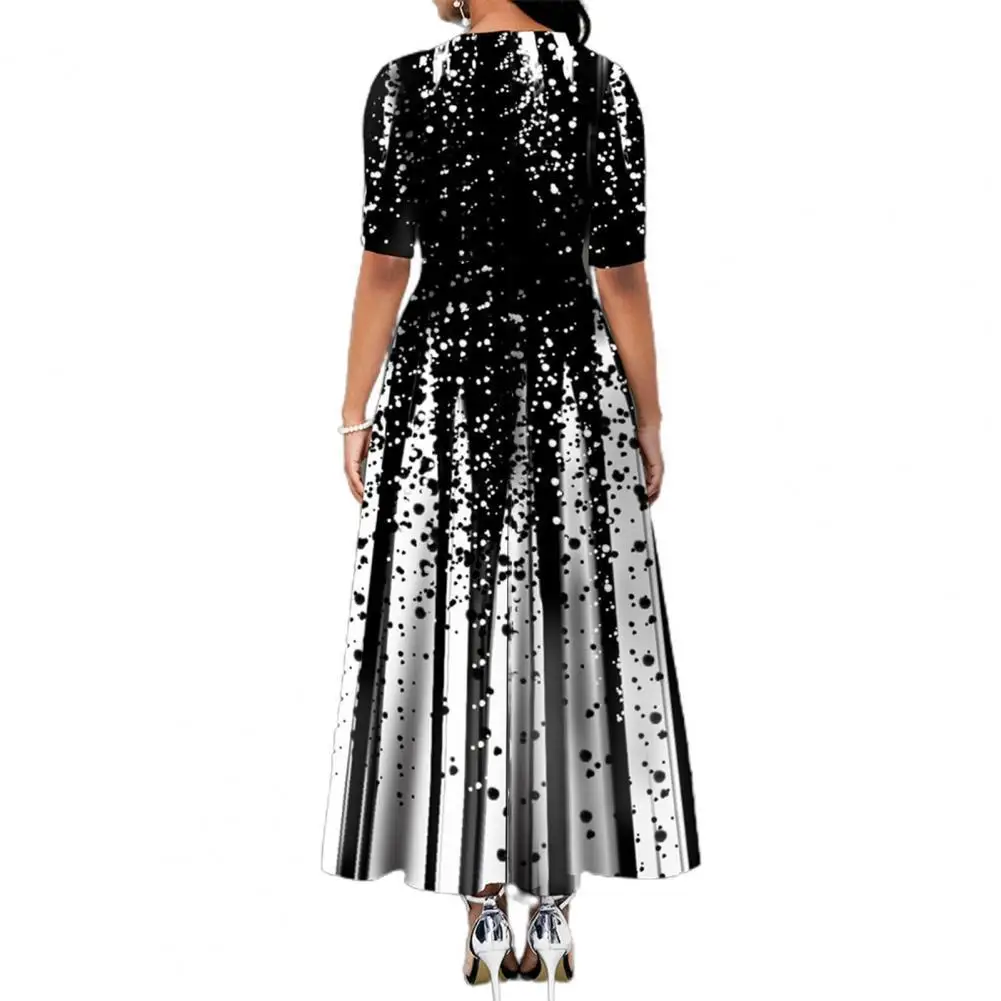 

Popular Lady Pullover Dress Mid Waist Round Neck Large Hem Dress Printing Half Sleeve Ankle-Length Dress for 2021 Autumn Blue