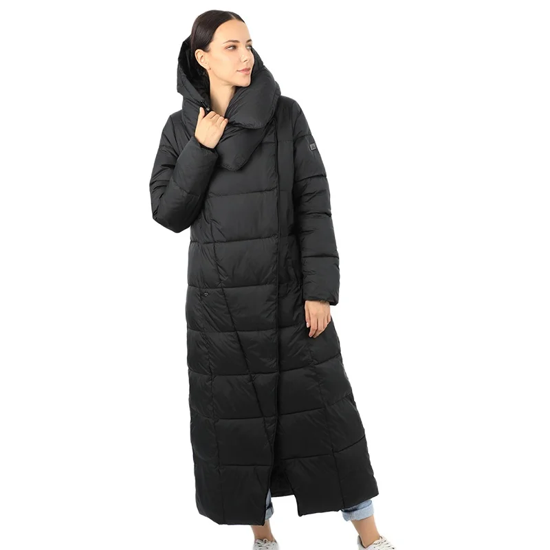 

Women's Parka Long Down Jacket Cotton Removable Hooded Female Quilted Coat Puffer Stand-Up Collar Windproof Office Lady 19-255